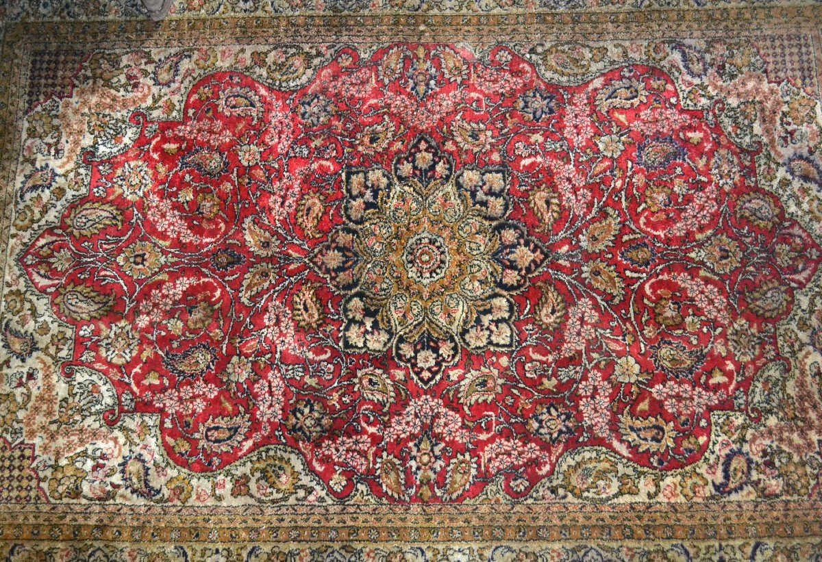 Old Kashmir Rug, Silk On Silk, 108 Cm X 160 Cm, Mid 20th Century-photo-3