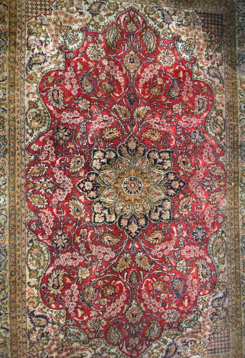 Old Kashmir Rug, Silk On Silk, 108 Cm X 160 Cm, Mid 20th Century