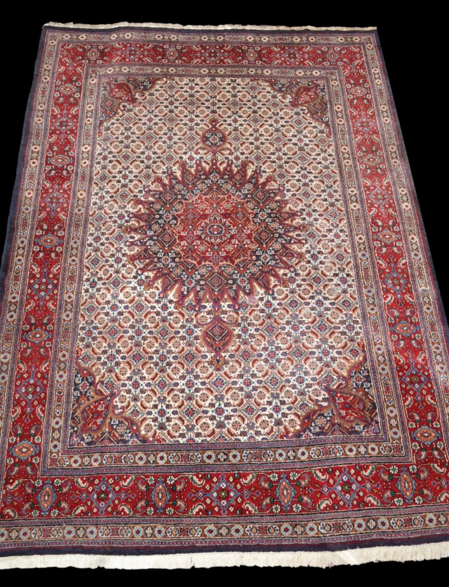 Tapis Persan Moud Mahi, Iran, 214 cm x 310 cm, laine nouée main, vers 1980, superbe état