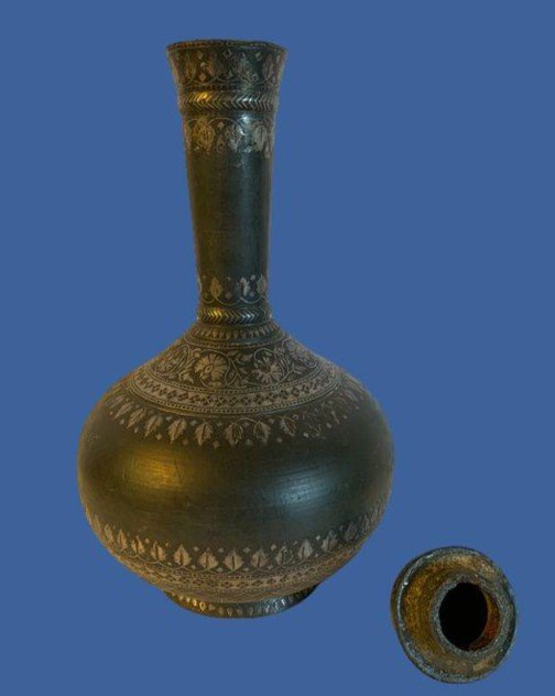 Bottle In Bidri And Silver Decoration, India, 19th Century, Very Good Condition-photo-3