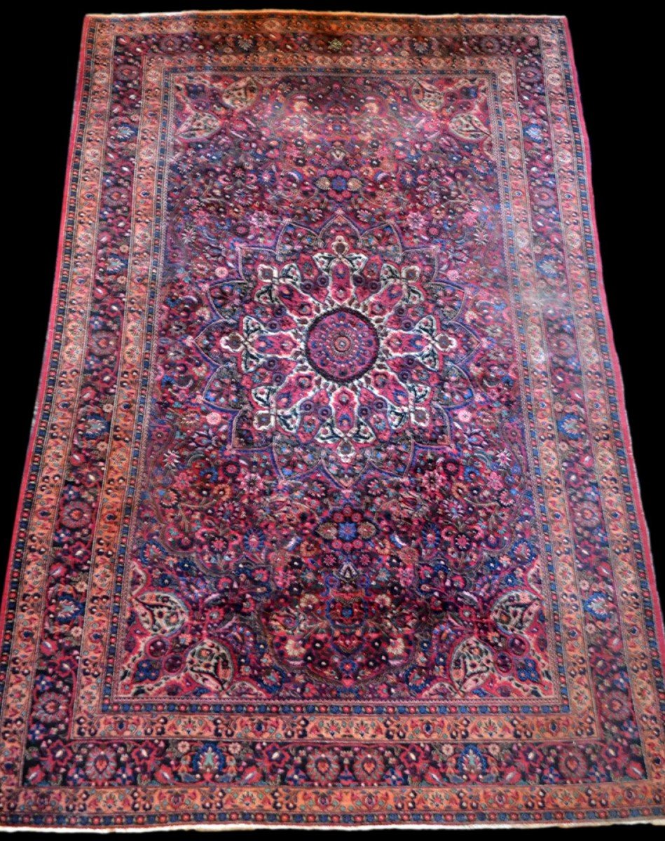 Tapis Persan Macchad ancien, signé, 204 cm x 320 cm, Iran, laine nouée main, bel état