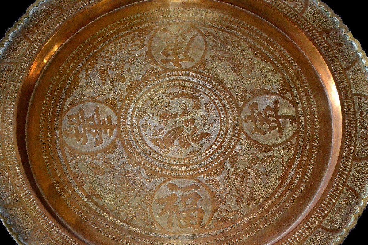 Important Tea Tray, South China, Yellow Copper, First Part Of The 20th Century-photo-3