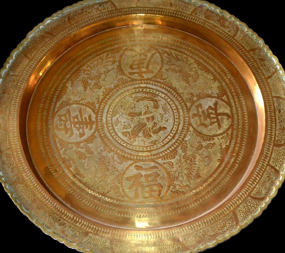 Important Tea Tray, South China, Yellow Copper, First Part Of The 20th Century-photo-4