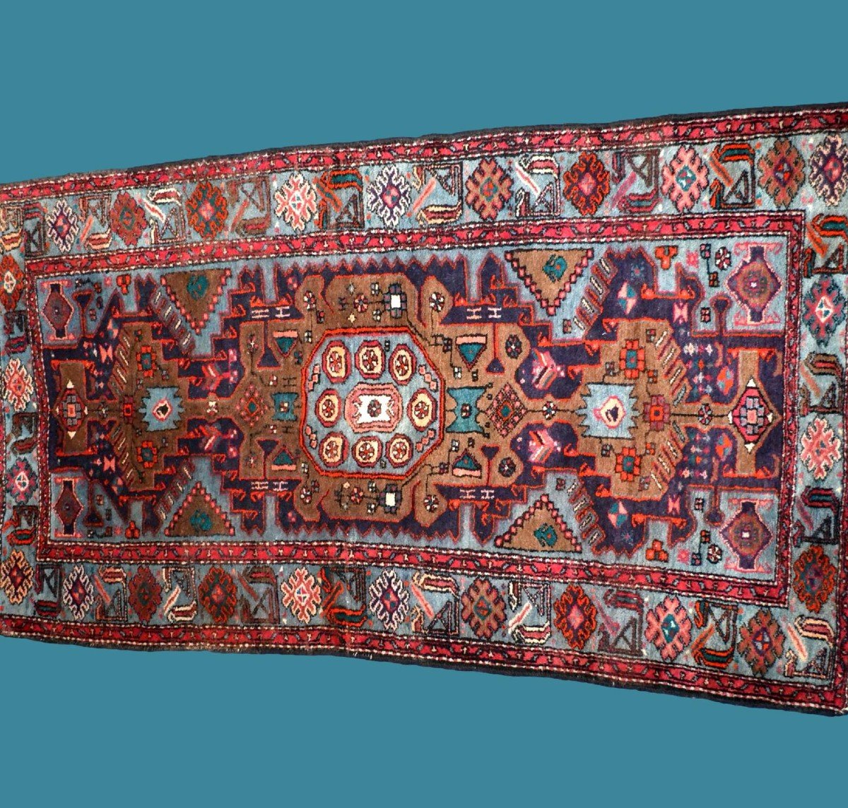 Tapis Persan Zanjan, 118 cm x 212 cm, laine nouée main, Iran, vers 1980 en parfait état-photo-4