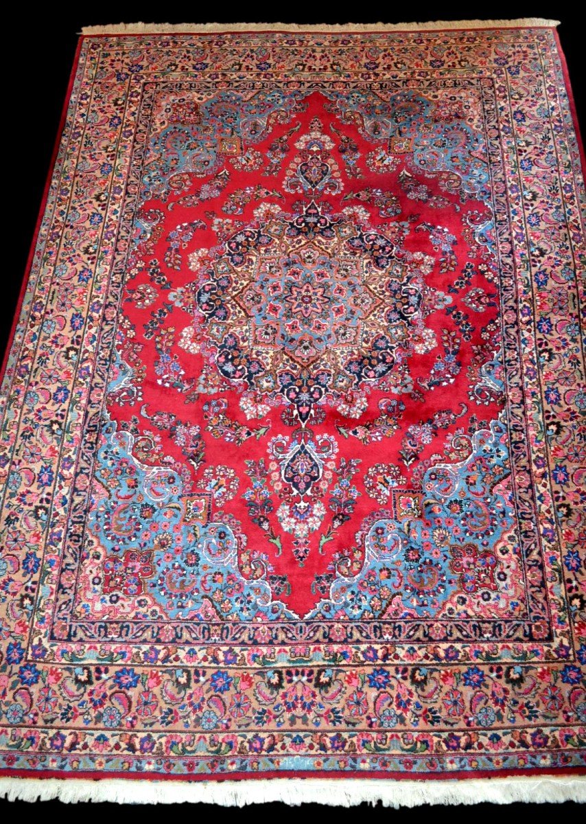 Tapis Persan Macchad signé 250 cm x 356 cm, laine kork nouée main, Iran ,TBE