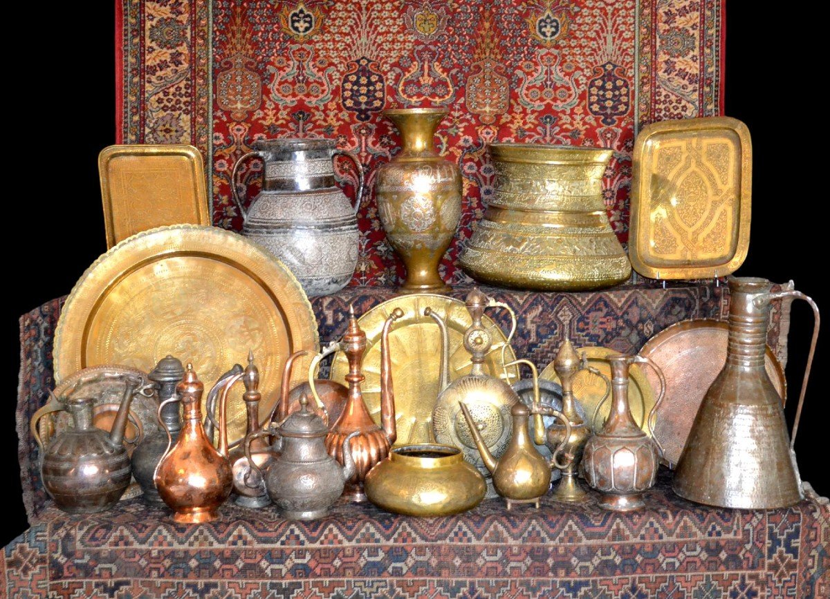 Important brasero ancien à poignées du XIXème siècle en cuivre, ou brûle parfum, Asie centrale-photo-5