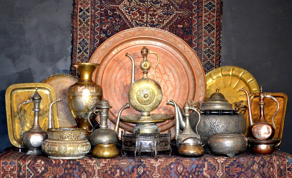 Grand plateau oriental incrusté de calligraphies, Maroc vers 1930, très bon état-photo-2
