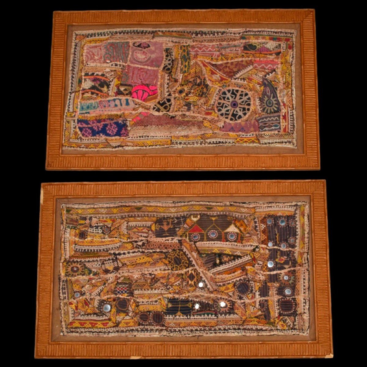 Two Old Framed Mirror Or Sheesha Embroidery, India, 49 Cm X 79 Cm, 19th Century
