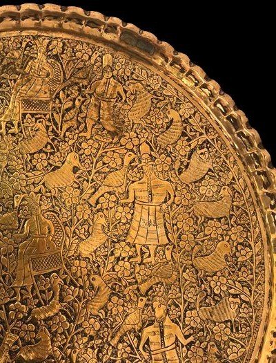 Old Kadjar Tea Tray In Chiseled Brass, Persia, Diameter 47 Cm, Sumptuous Persian Decor-photo-4