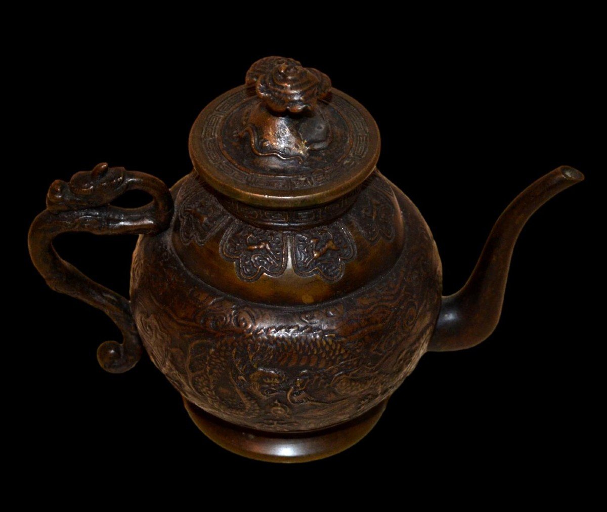 Signed Bronze Teapot, Dragon Decor, Asia, Second Half Of The 19th Century, Good Condition-photo-4