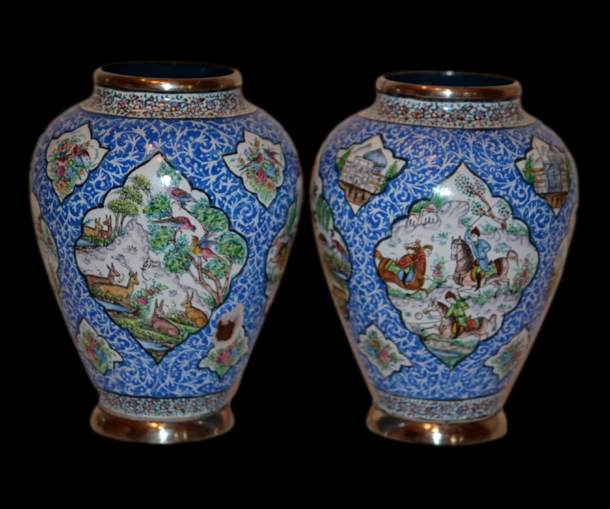 Minâkâri, Like Jewels, Pair Of Signed Vases, Ispahan, Iran, Hand Painted, Early 20th Century-photo-4