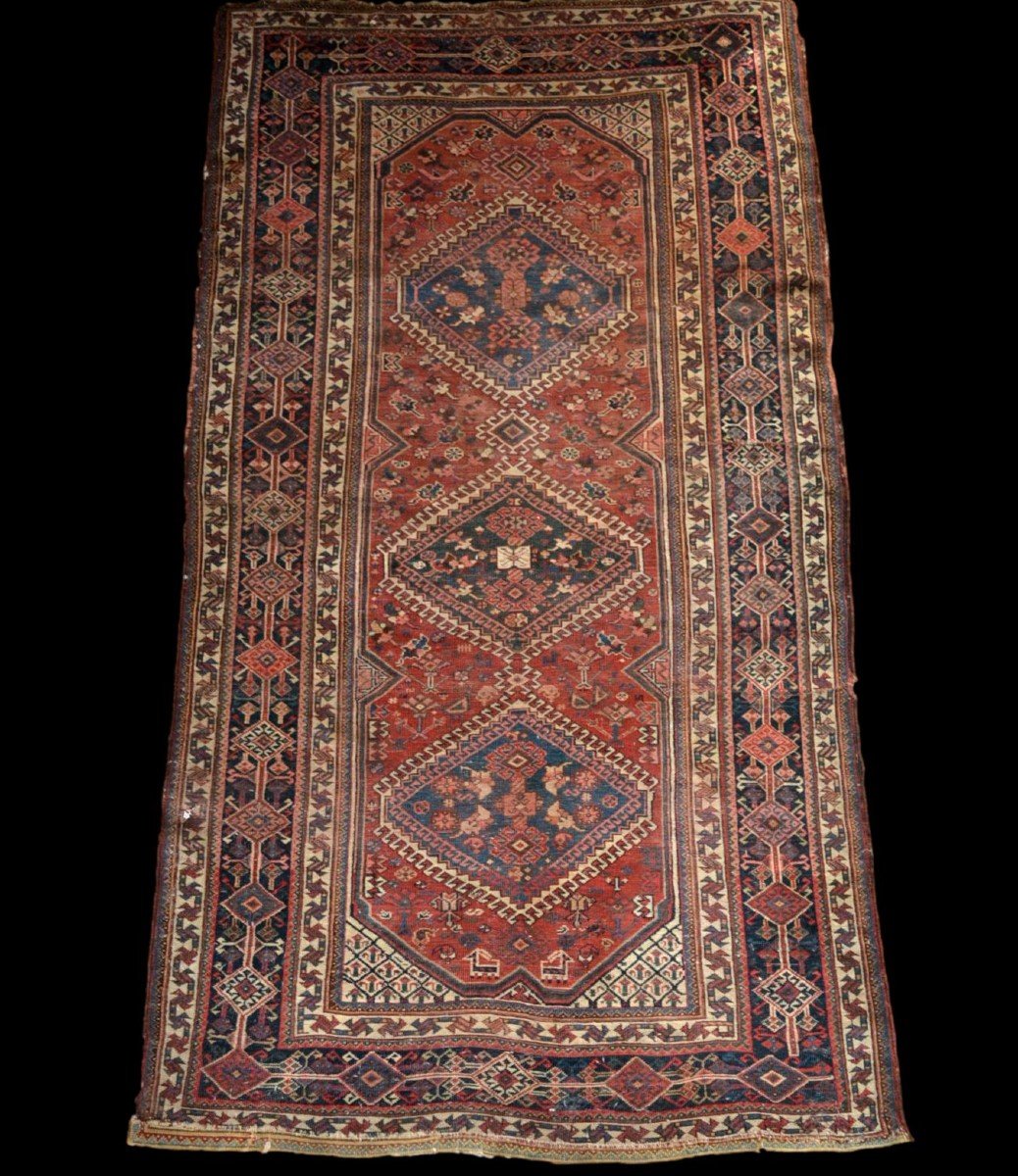 Tapis ancien Kachkaï, 138 cm x 252 cm, laine nouée main, Iran, seconde partie du XIXème siècle