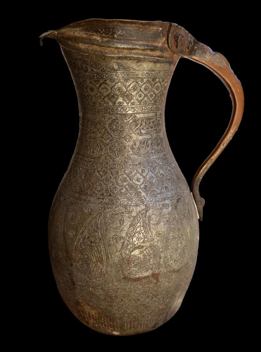 Art Perse ancien, carafe de table "Doltcha" , cuivre étamé, décor de botehs, XVIII, XIXème