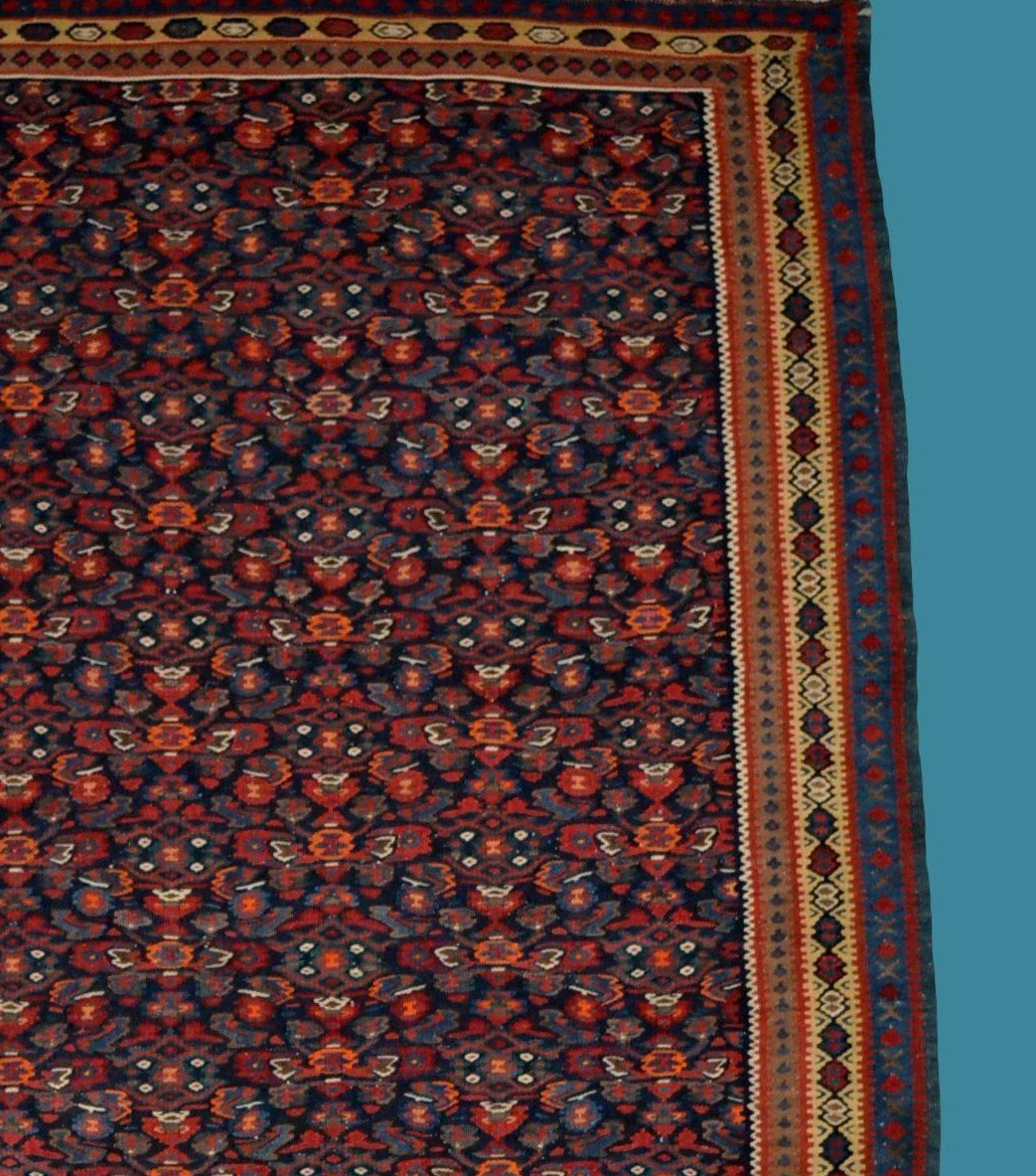 Kilim Senneh ancien, 113 cm x 147 cm, laine sur laine tissée main, Iran, début du XXème siècle-photo-4