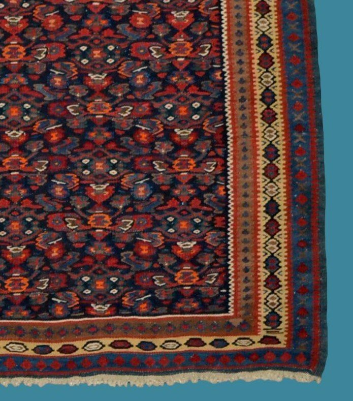 Kilim Senneh ancien, 113 cm x 147 cm, laine sur laine tissée main, Iran, début du XXème siècle-photo-4