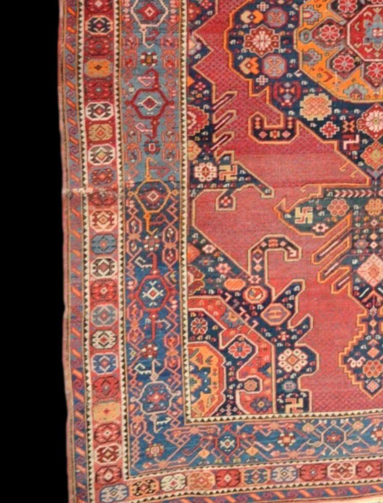 Tapis Kazak Lambalo ancien, 139 cm x 207 cm, Caucase, soie et laine nouée main, XIXème siècle-photo-1