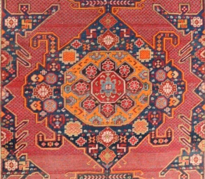 Tapis Kazak Lambalo ancien, 139 cm x 207 cm, Caucase, soie et laine nouée main, XIXème siècle-photo-4