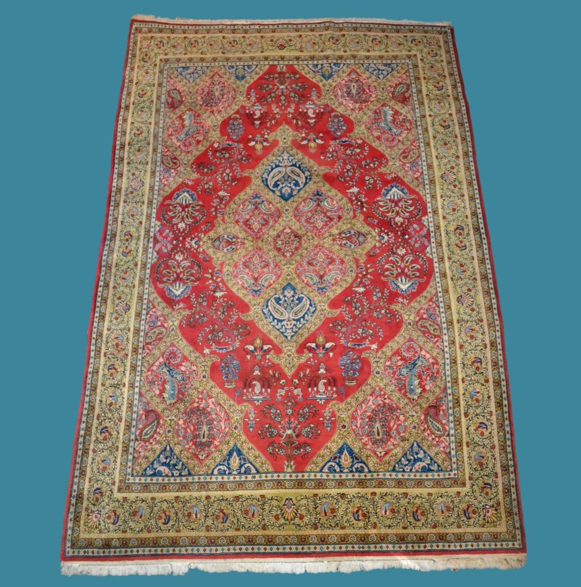 Tapis Persan Ghoum, 192 cm x 304 cm, laine nouée main, Iran, vers 1980 en très bon état-photo-8