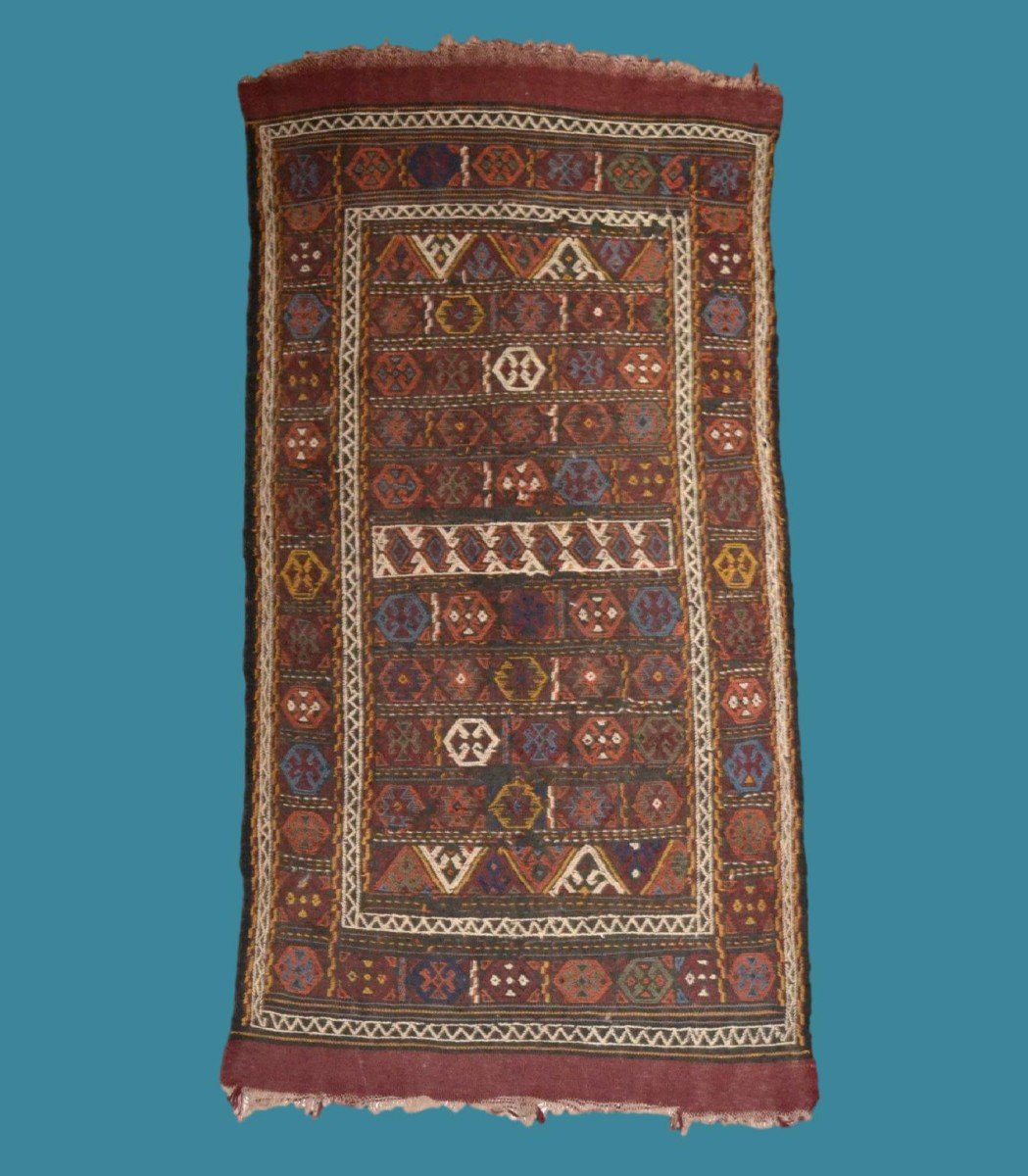 Tapis Kurde ancien, 94 x 190 cm, laine sur laine nouée main façon Soumak, milieu XXème siècle-photo-6