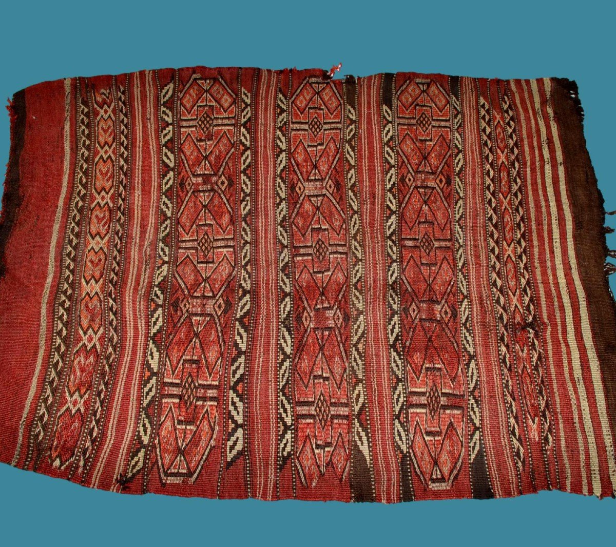 Kilim ancien Shahsavan, 89 cm x 122 cm, laine tissée main façon soumak, Iran, XIXème siècle-photo-2