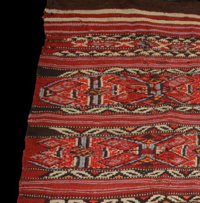 Kilim ancien Shahsavan, 89 cm x 122 cm, laine tissée main façon soumak, Iran, XIXème siècle-photo-3