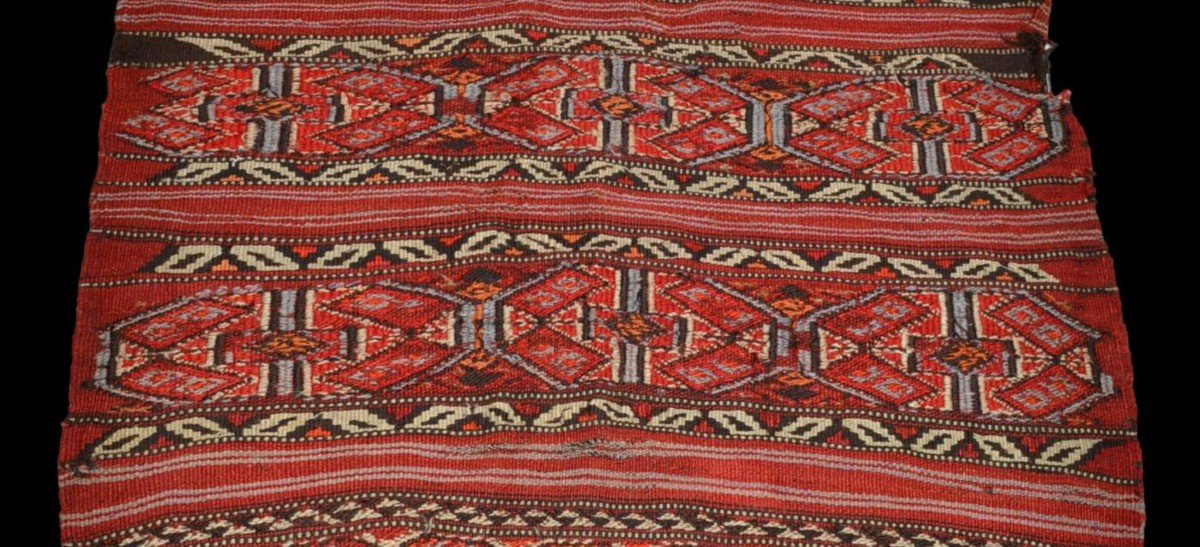 Kilim ancien Shahsavan, 89 cm x 122 cm, laine tissée main façon soumak, Iran, XIXème siècle-photo-1