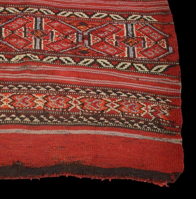 Kilim ancien Shahsavan, 89 cm x 122 cm, laine tissée main façon soumak, Iran, XIXème siècle-photo-3