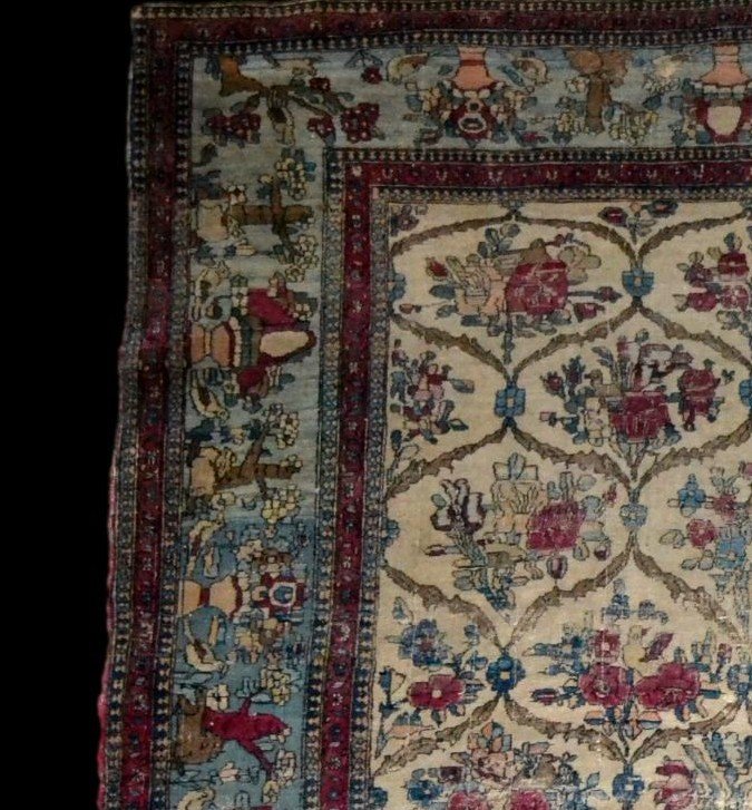 Tapis ancien Kirman, décor floral, 142  x 212 cm, laine et soie, Dynastie Kadjar, XIXème siècle-photo-3