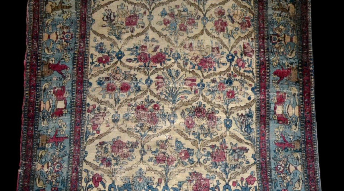 Tapis ancien Kirman, décor floral, 142  x 212 cm, laine et soie, Dynastie Kadjar, XIXème siècle-photo-1