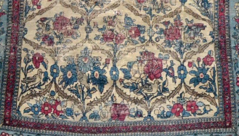 Tapis ancien Kirman, décor floral, 142  x 212 cm, laine et soie, Dynastie Kadjar, XIXème siècle-photo-4