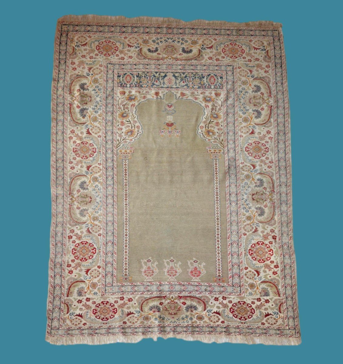 Tapis Istambul ancien de prière, soie et laine, 128 cm x 179 cm, Empire Ottoman, début XXème -photo-7