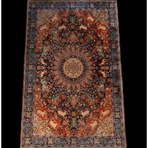 Tabriz Hunting Rug, Indo-persian, 138 X 220 Cm, Hand-knotted Wool Circa 1960-1970, Superb