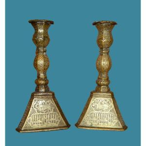 Indo-persian, Pair Of Bronze Candlesticks, 18th Century European Style, 19th Century