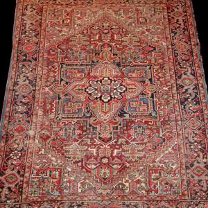 Rare Old Meina, Heriz Type, 215 X 277 Cm, Hand-knotted Wool, Persia Around 1900, Kadjar Dynasty