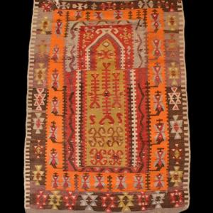 Obruk, Prayer Kilim, 96 X 136 Cm, Wool Woven In Anatolia, First Part Of The 20th Century