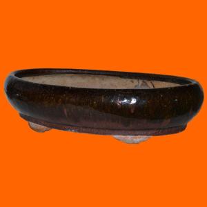 Important pot à Bonsaï ancien, glaçure marron veinée d'ocre, Japon du XIXème en très bel état 