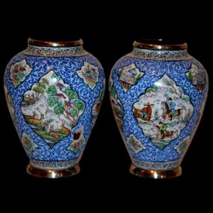 Pair Of Vases Signed In Minâkâri, Painted Miniatures, Isfahan, Iran, Early 20th Century, Qajar