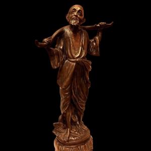 Important Ancient Chinese Or Vietnam, Bronze Statue Of A Water Carrier Circa 1900-1920.