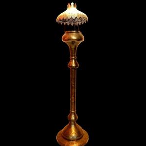 Large Floor Torch, From A Mosque, 202 Cm High, 19th Century, Chased Brass, Openwork, Very Good Condition