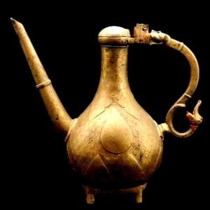 Gilt Bronze Ewer, Chased, Mughal Art, 19th Century, Decorated On All Sides