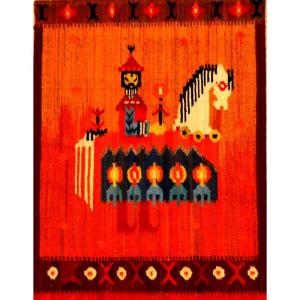 Kilim tableau d'Olekay, "le hun", Pologne, 75 x 100 cm, vers 1970, laine et lin , parfait état