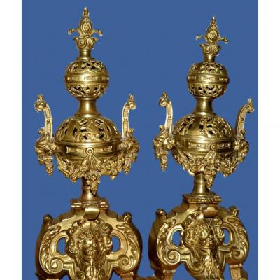 Paire de chenets de style Louis XIV en bronze doré,  France vers 1870, parfait