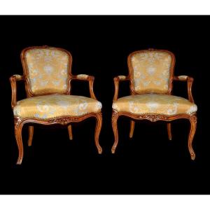 Armchairs Pair, Louis XV Style Circa 1890, New Upholstery