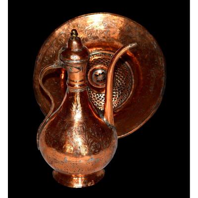 Ewer And Its Basin, Chiseled Copper, Ottoman Empire, End Of The XIXth Century,