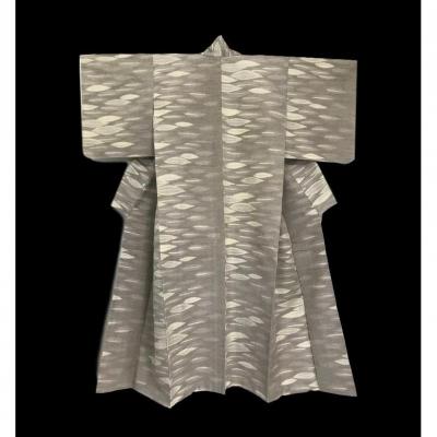 Kimono Komon In Silk, Japan, Leaf Decor, 1950/1960, Very Good Condition