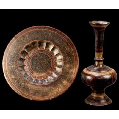 Important vase et son plateau en cuivre émaillé, Indo-persan, 1900/1920, très bel état