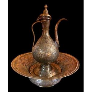 Old Islamic Ewer And Its Basin Ht 46 Cm, Chiseled Brass, Late 19th Century