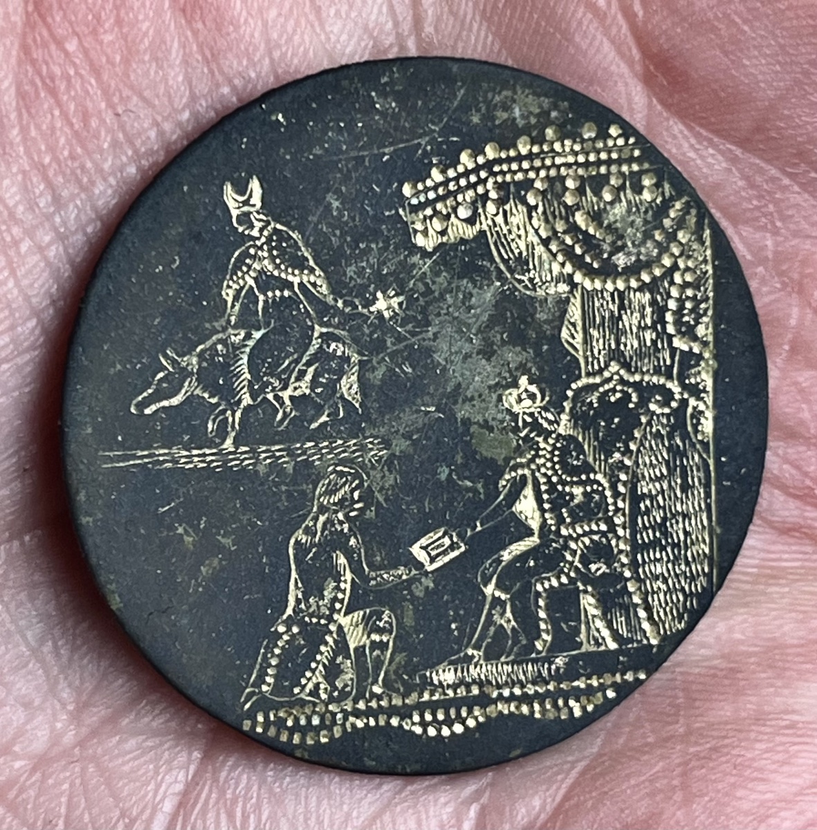 A Rare And Very Old Button Inlaid With Gold, Depicting A Scene 