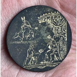 A Rare And Very Old Button Inlaid With Gold, Depicting A Scene