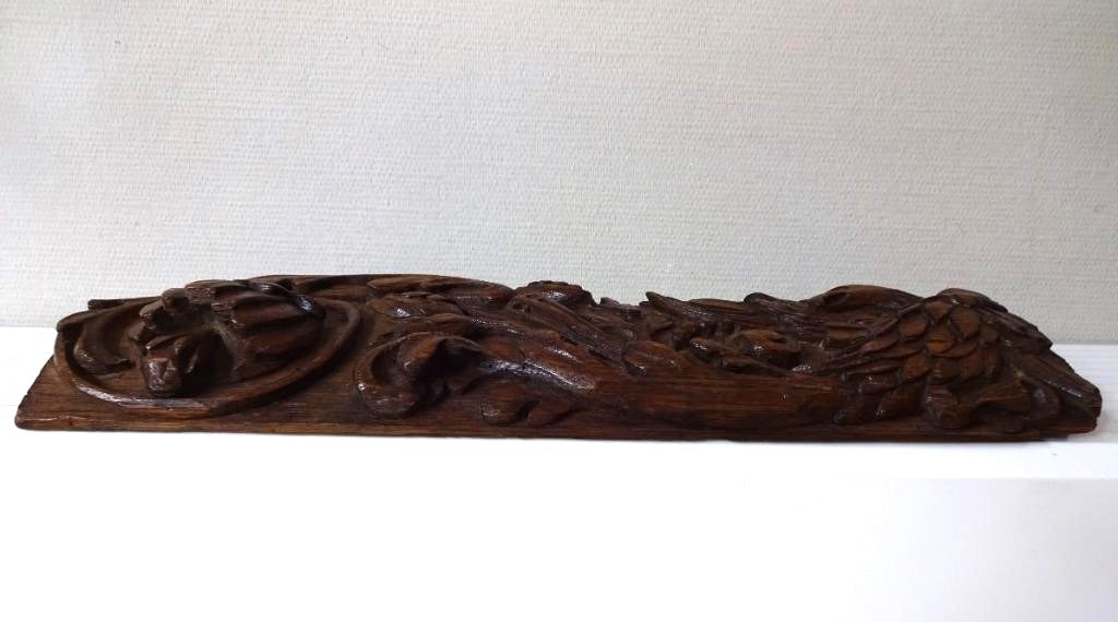 17th Century Carved Oak Panel: Eagle And Flowers-photo-2